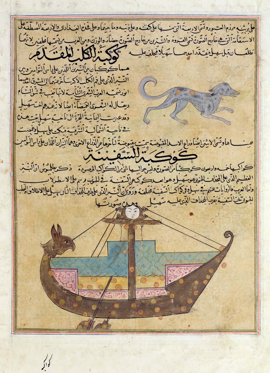 Ms E-7 fol.26b The Constellations of the Dog and the Keel, illustration från "Skapelsens underverk och tillvarons kuriosa" av Zakariya Ibn Muhammad al-Qazwini av Islamic School