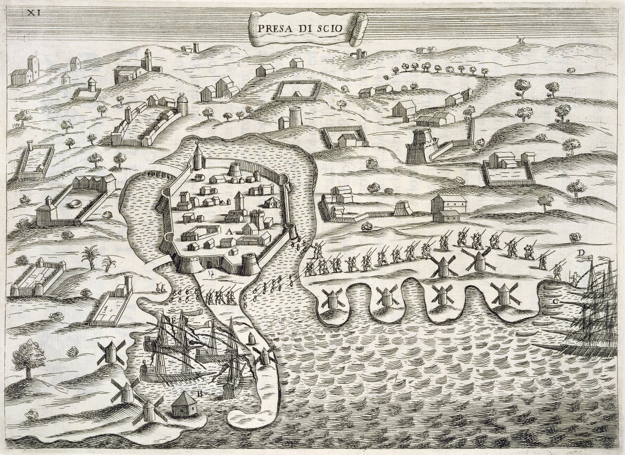 Italienska soldater marscherar in i den befästa staden på ön Chois, illustration från "Pregi della Toscana Nell