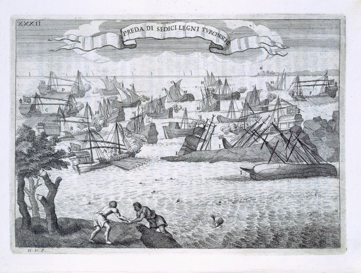 Sexton piratskepp i turkarnas lön sänkta av italienare i sina galeoner och galeasser, illustration från 