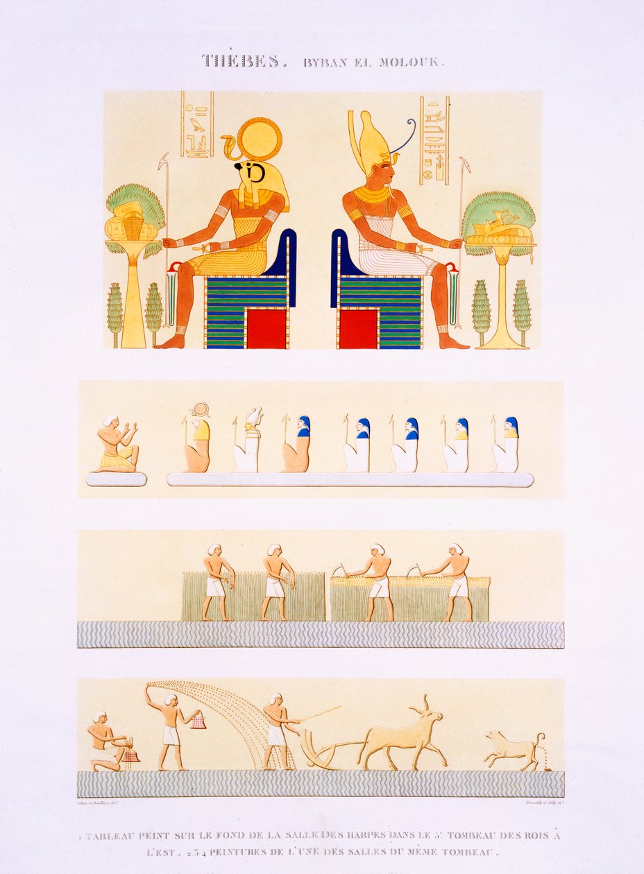 Illustrationer av målade brädor och väggmålningar från harporna från den 5:e graven av kungarna från Östern, tavla 90 från Vol II av `Descriptions of Egypt`, graverad av Monsaldy och Cally, 1822 (akvatint) av Jollois and Devilliers