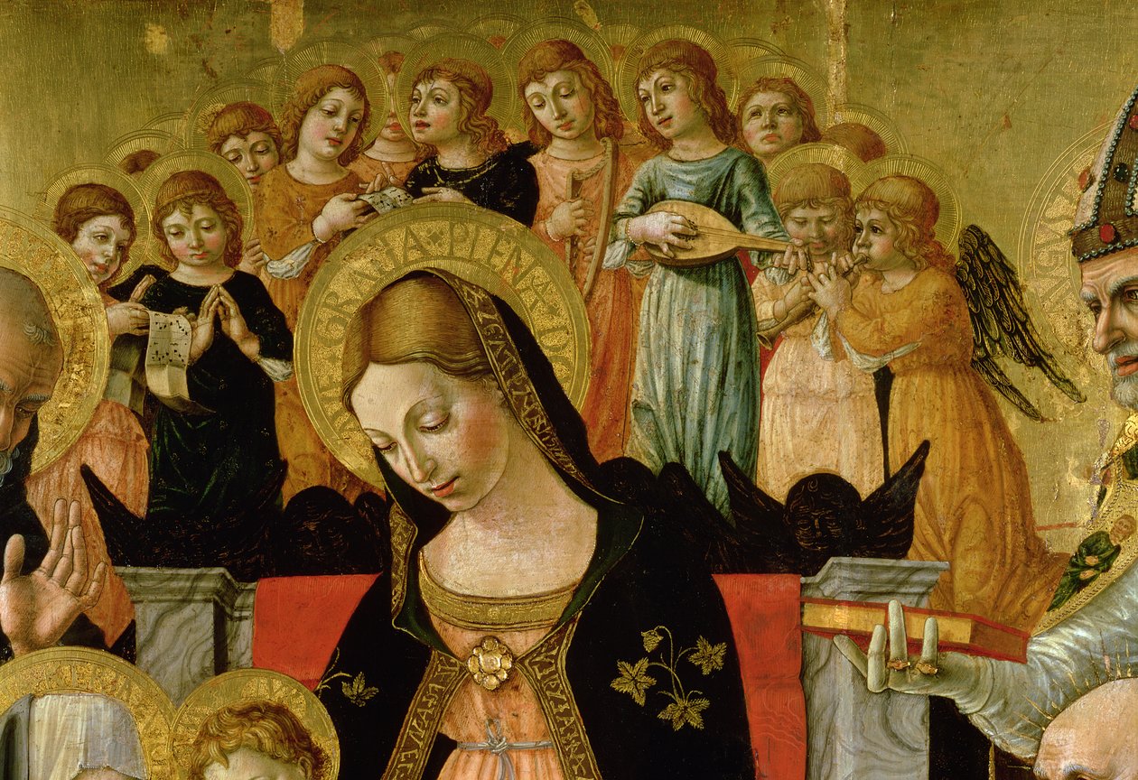 Sankta Katarina av Sienas bröllop, detalj av Jungfruns och änglarnas huvud, ca 1481-1500 (tempera och olja på panel) (se även 99056) (för detaljer se 99638) av Lorenzo d Alessandro da Severino II