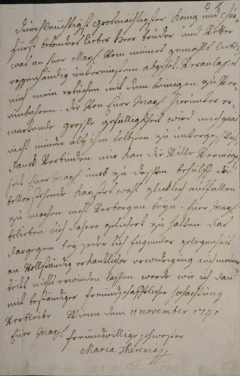 Ett brev från Maria Theresa till kung Fredrik II där han ber om hans stöd för det kejserliga valet av hennes man Francis I, 11 november 1740 (penna och bläck på papper) av Maria Theresa of Austria