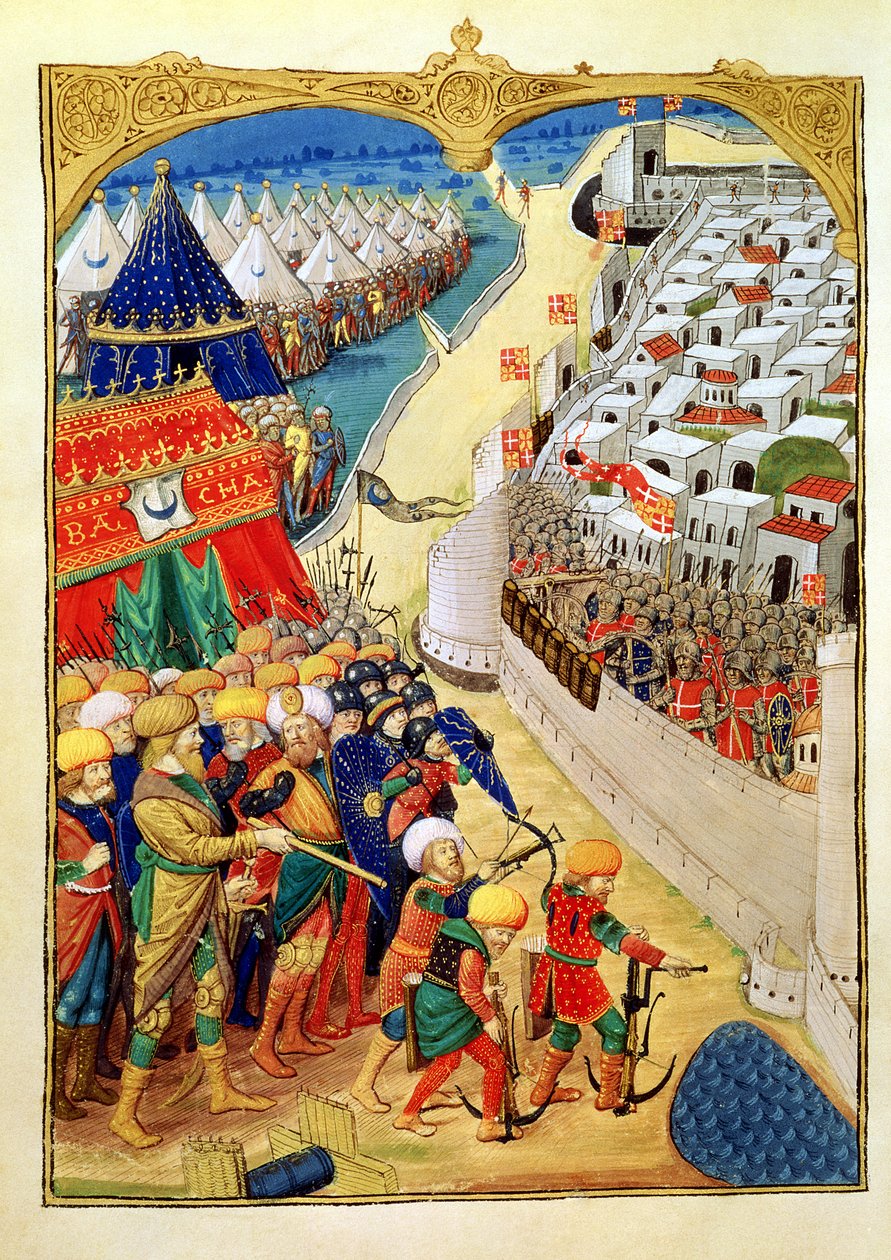 Lat 6067 f.55v De turkiska styrkorna förbereder sig för strid utanför Rhodos murar 1480, från 