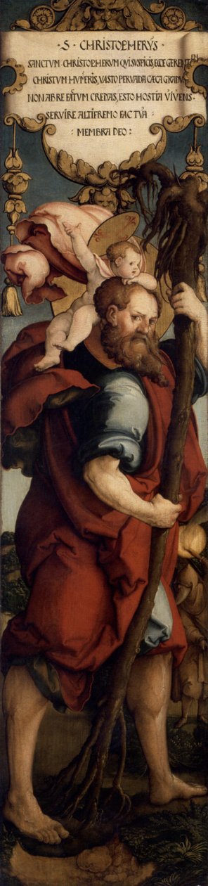 Linker Standflügel des ehemaligen Hochaltars der St. Martinskirche, Hl. Christopherus; Staatsgalerie Augsburg  av Master of Messkirch