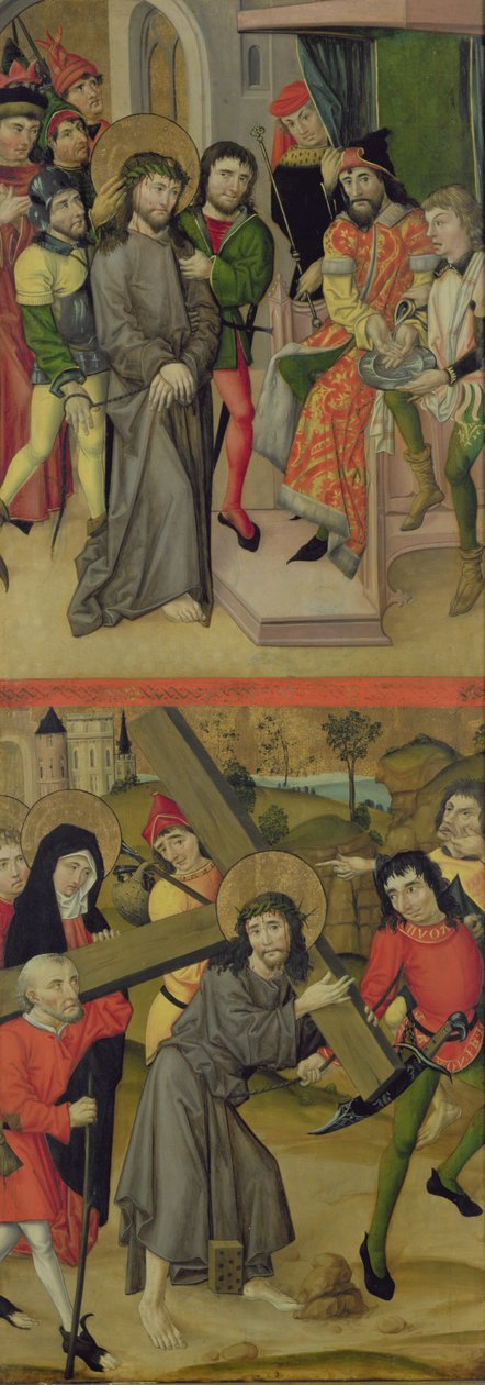 Kristus före Pilatus och Kristus som bär korset, panel från och altartavla som visar scener av passionen och helgonen, 1490 (se även 144537 och 144539-40) av Master of the Luneburg Footwashers