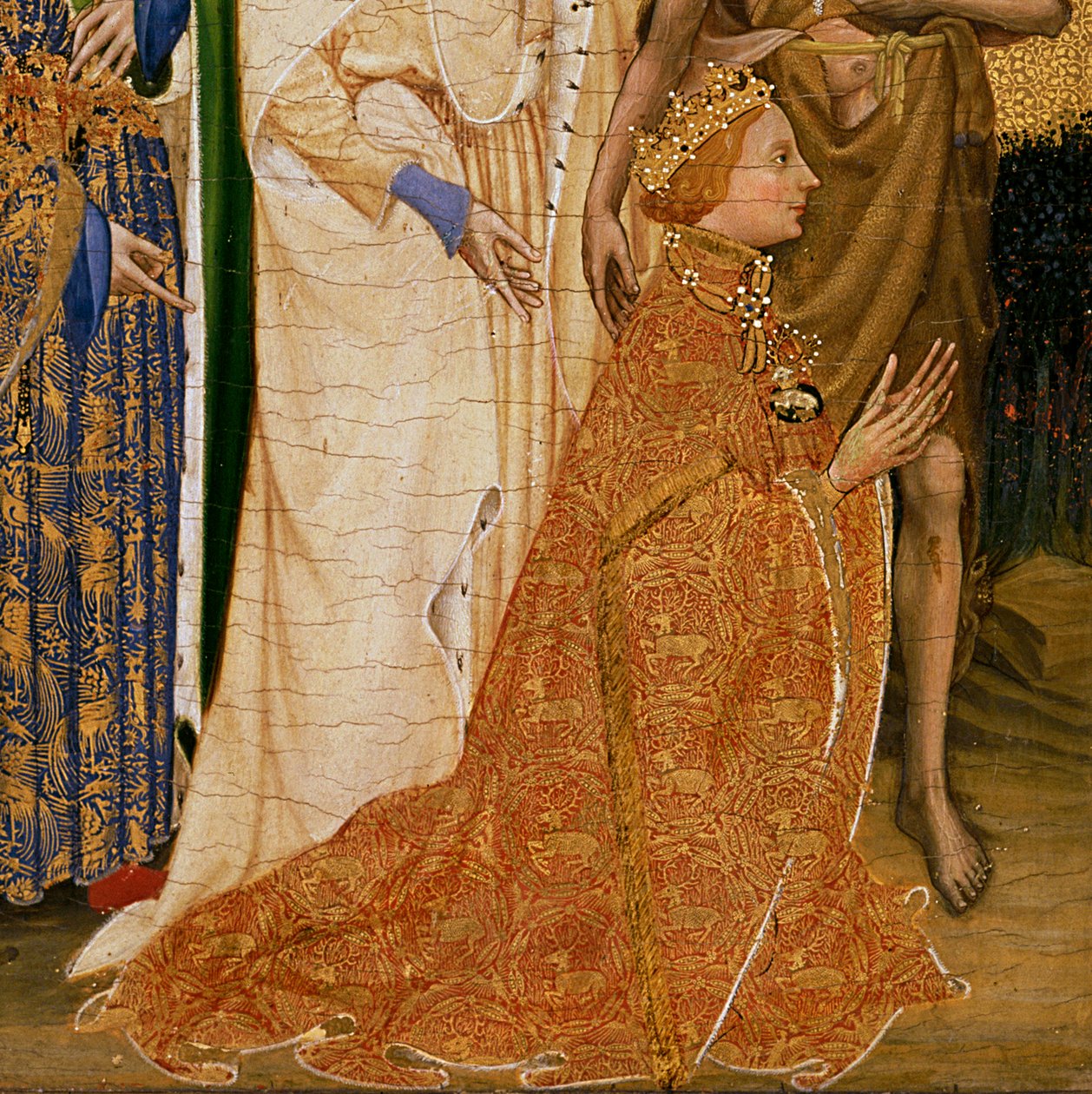Richard II Presenterad för jungfrun och barnet av hans beskyddare Saint John the Baptist och Saints Edward and Edmund, c.1395-99 (äggtempera på ek) (detalj av 3028) av Master of the Wilton Diptych