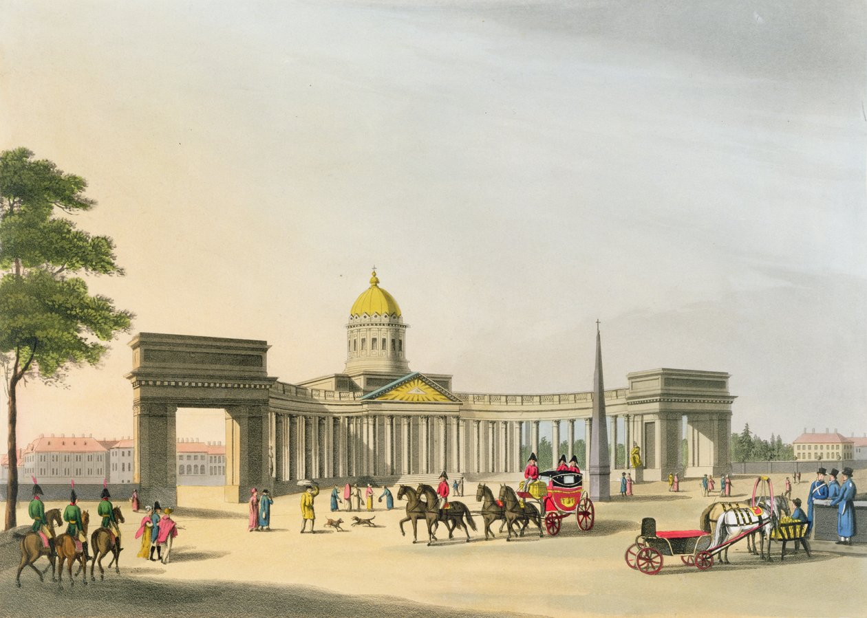 Utsikt över Kassans torg och katedralen i S:t Petersburg, illustration för oktober från "A Year in St. Petersburg", etsad av John H. Clark, färgad av M. Dubourg, pub. 1815 i London av Edwar av Mornay