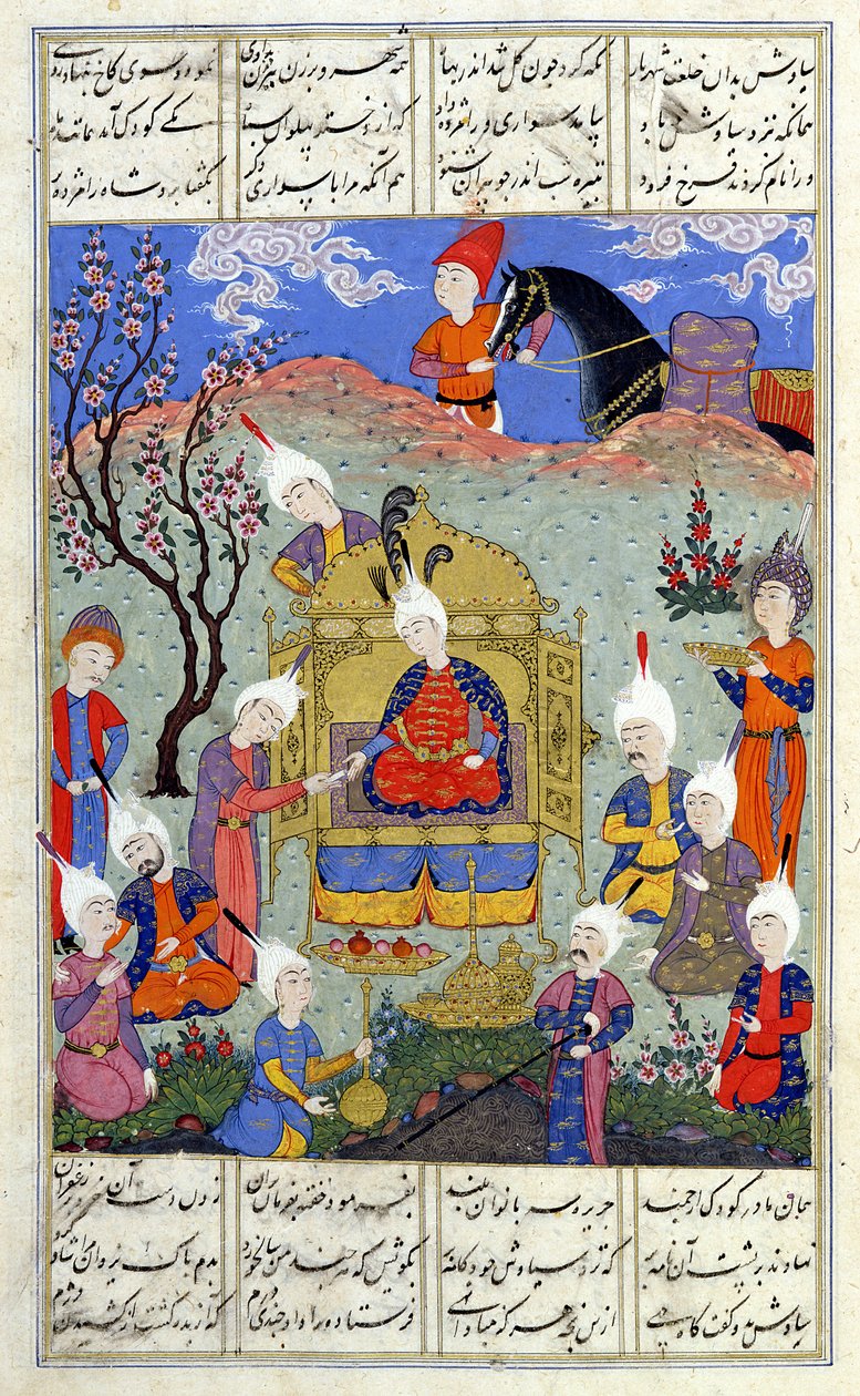 Ms D-184 fol.146a En budbärare förmedlar nyheter till Siavosh om hans sons födelse, illustration från 