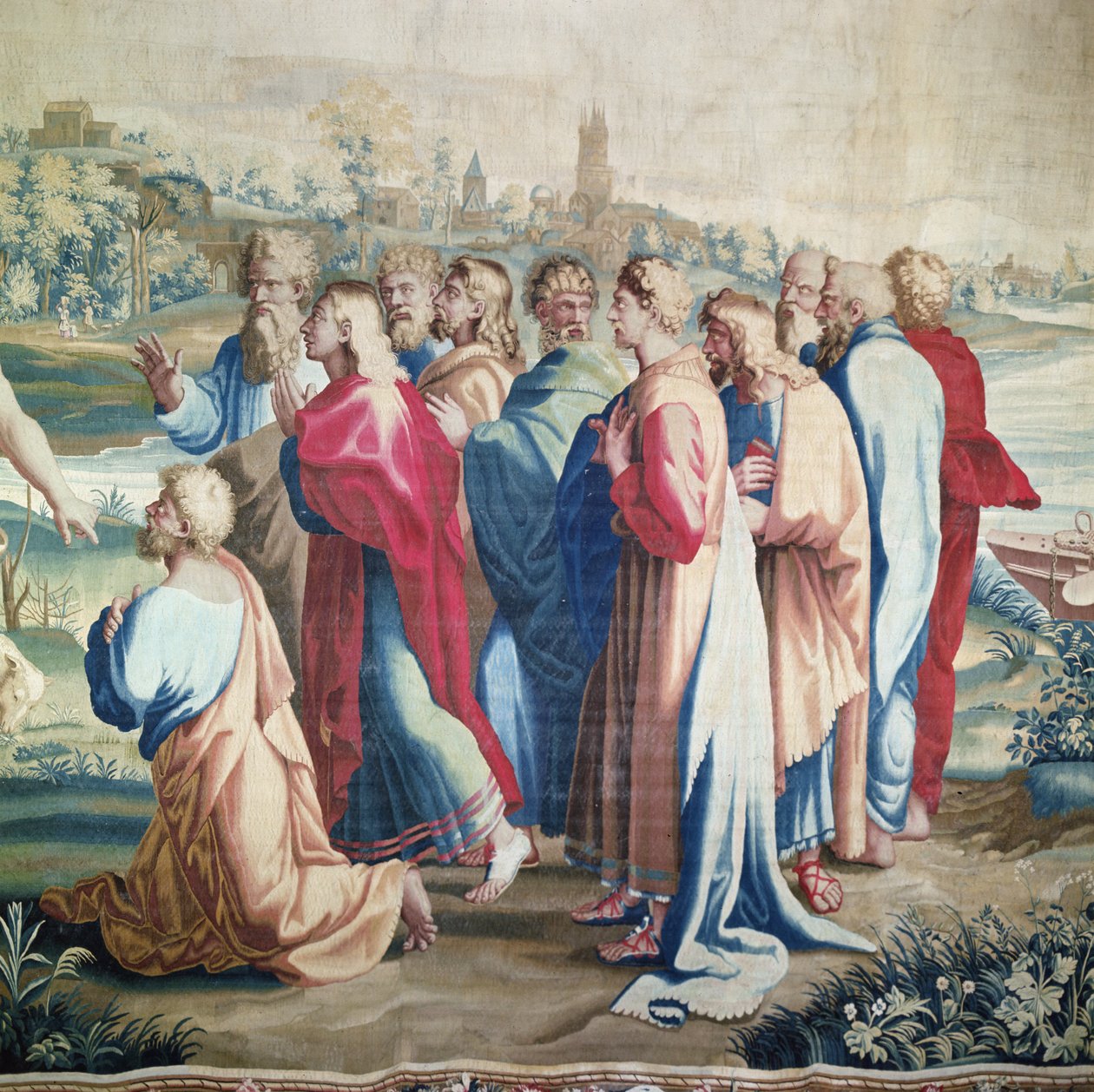 Gobeläng som föreställer Apostlagärningarna, Paulus kallelse (detalj av apostlarna), vävd vid verkstaden i Beauvais under ledning av Philippe Behagle (1641-1705), 1695-98 (ullband av Raffaello Sanzio Raphael