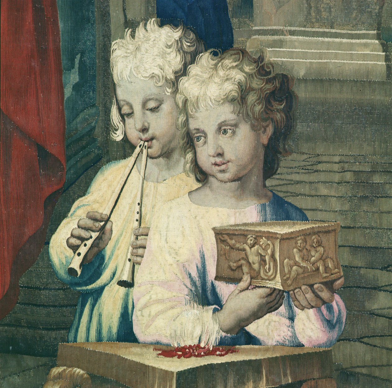 Tapet som föreställer Apostlagärningarna, offret i Lystra (detalj två barn, det ena spelar en dubbelflöjt och det andra presenterar en liten låda), vävd vid Beauvais-verkstaden under ledning av av Raffaello Sanzio Raphael