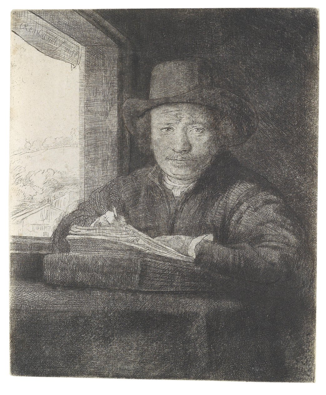 Selbstbildnis am Fenster zeichnend av Rembrandt van Rijn