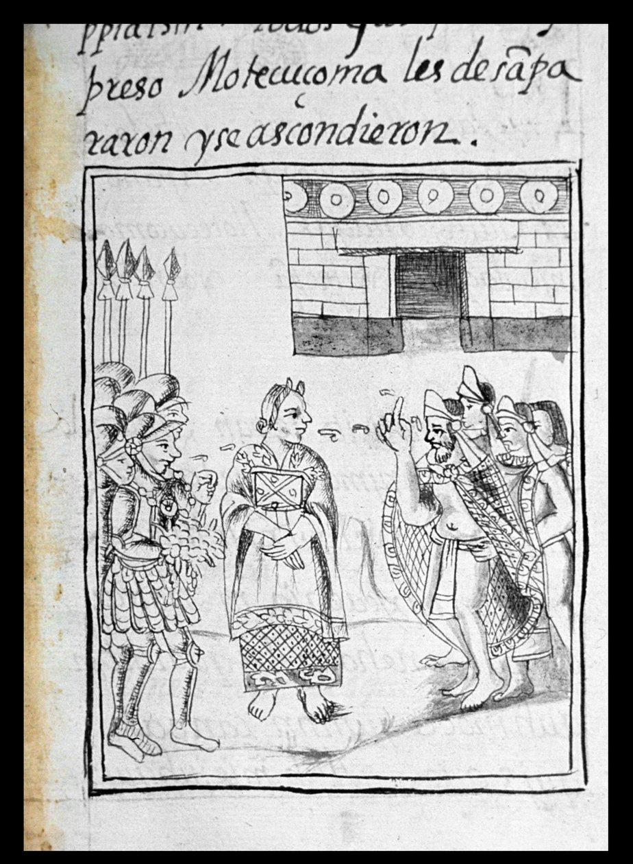 Fru Palat. 218-220 Bog IX Marina tolkning for spanierne ved et møde mellem Hernando Cortes og Montezuma (1466-1520), fra 