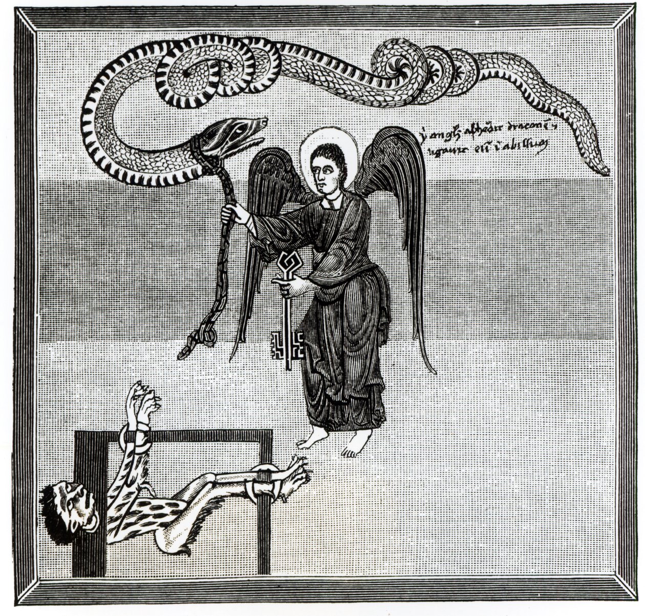 Ängeln, som håller helvetets nycklar, fängslar in djävulen, i form av en drake, i gropen, från en kommentar till apokalypsen av den asturiske munken Beatus av Liebana, c.776, illustration från 