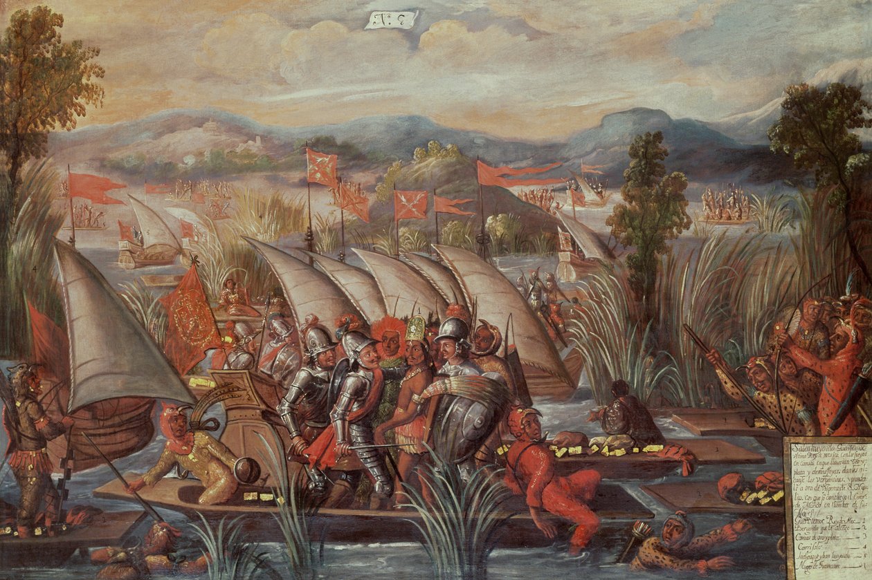 Capture of Guatemoc (ca 1495-1522), den sista aztekiska kejsaren av Mexiko (panel nr 8) av Spanish School