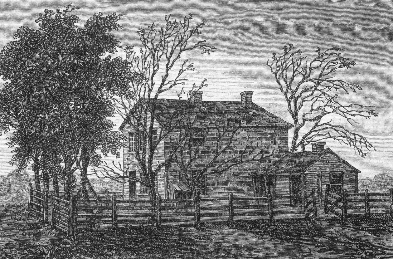 Fängelset i Carthage, Illinois, där mormonprofeten Joseph Smith och hans bror Hyrum fängslades och mördades 1844, från "La Vuelta al Mundo" som publicerades i Madrid 1865. av Spanish School