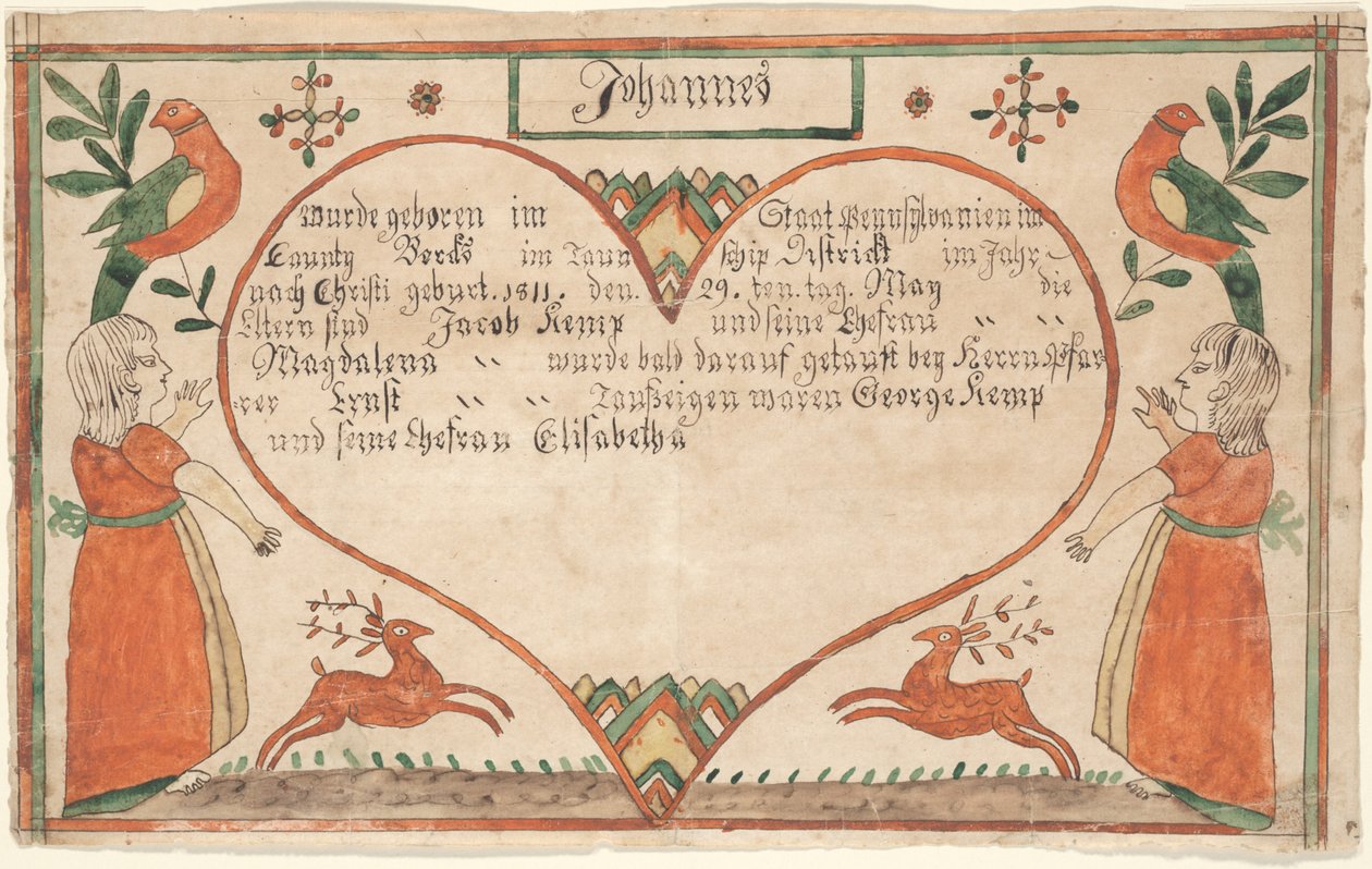 Födelse- och dopbevis (Geburts und Taufschein) för Johannes Kemp, illustration från "Papers for Birth Dayes: Guide to the Fraktur Artists and Scriveners", ca 1815 (penna och bläck med wc på papper). av Springing Deer Artist
