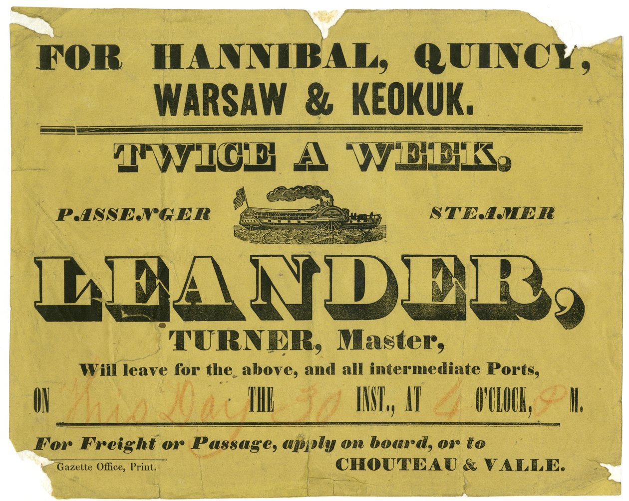 Advertisment fo S.S.Leander, twice a week freight or passage, to Hannibal, Quincy, Warsaw, and Keokuk, ca. 1850 av Unknown