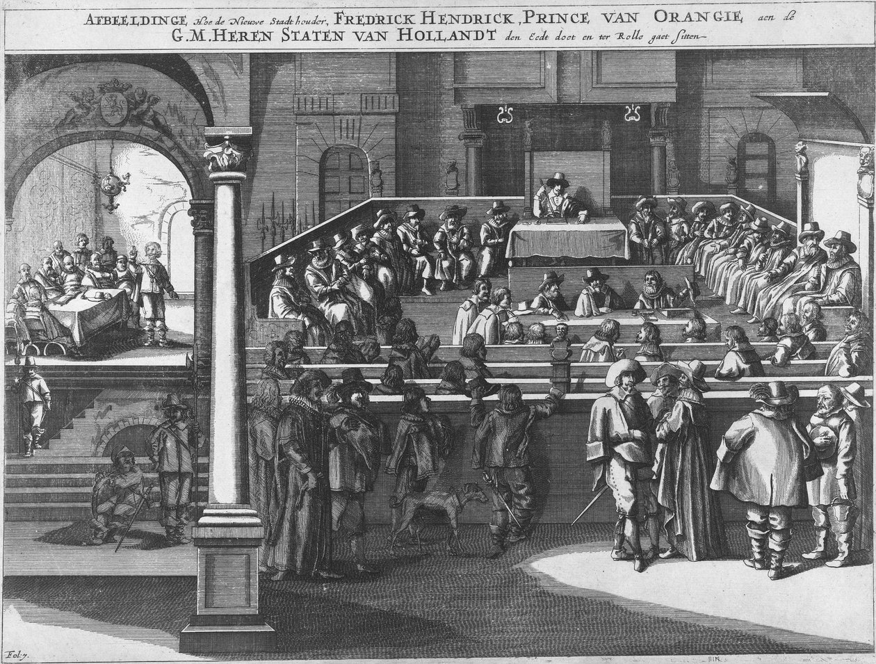 Afbeeldinge, Hoe de Nieuwe Stadt houder, Fredrick Hendrick, Prince van Orangie, aen de G.M. Heren Staten van Hollandt den Eedt doet en ter Rolle gaet sitten Frederik Hendrik legt de eed af als stadhouder en neemt zitting in de Staten van Holland, 1625 av Unknown