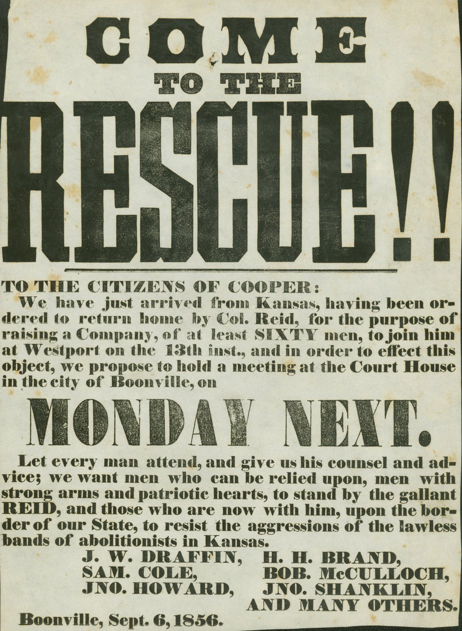 Announces recruiting of at least 60 men to join Col. Reid at Westport; meeting to be held at Court House in Boonville to combat lawless aggressions of abolitionists in Kansas av Unknown