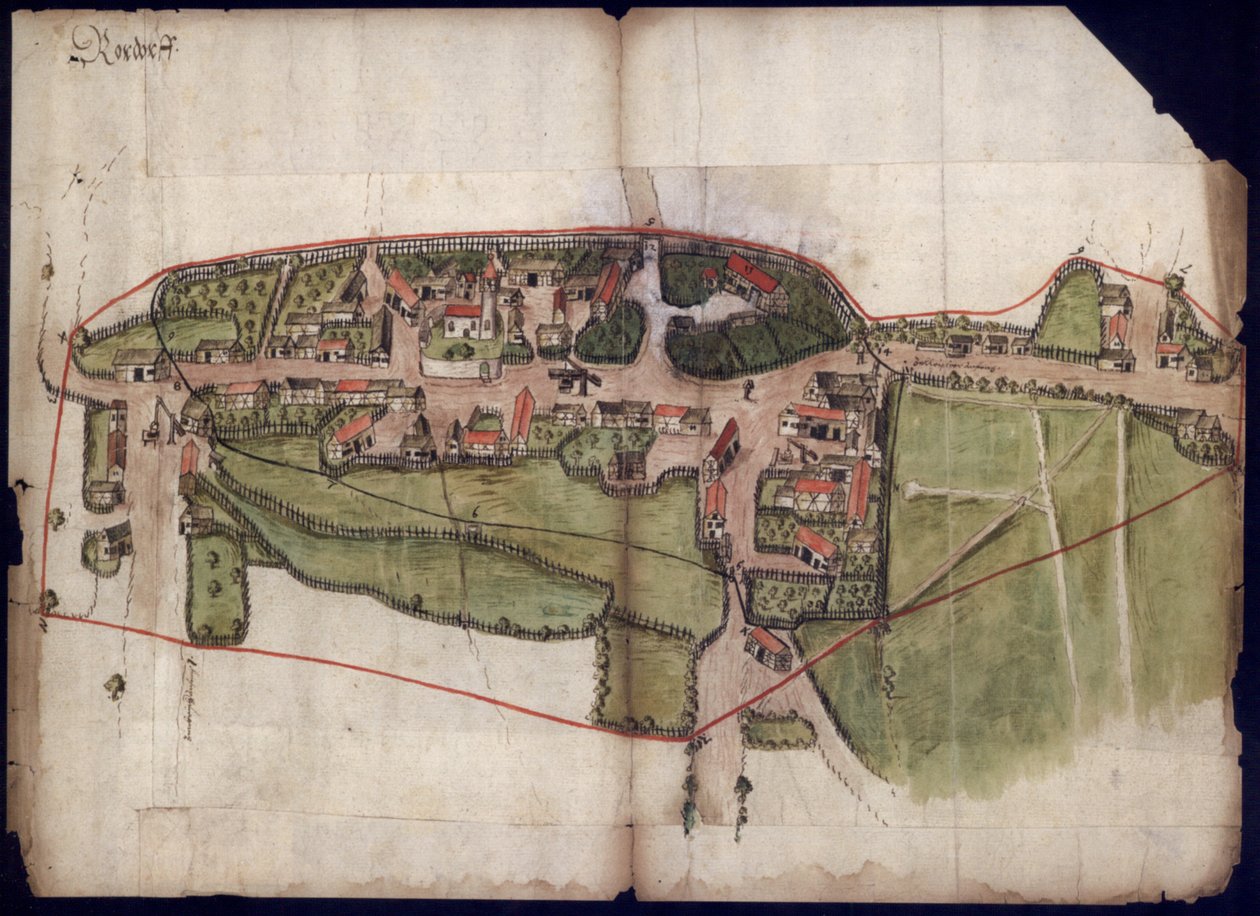 Utsikt över byn Rohrdorf nära Meßkjirch på en fågelperspektivskarta från 1576 av Unknown