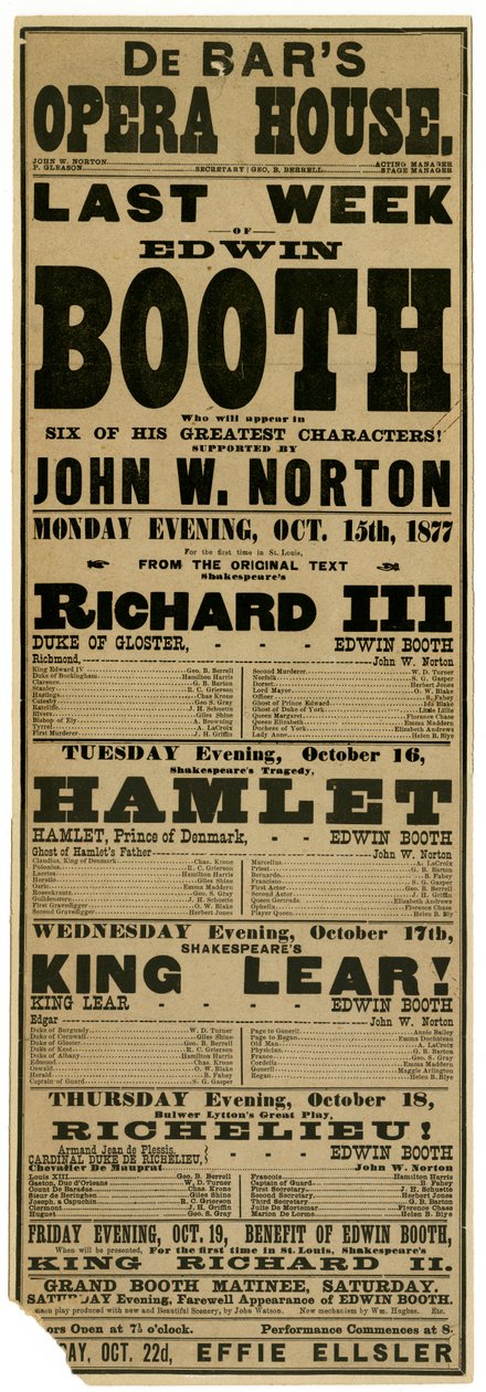 Broadside advertising program for week of October 15th, 1877, and coming attractions, De Bar av Unknown
