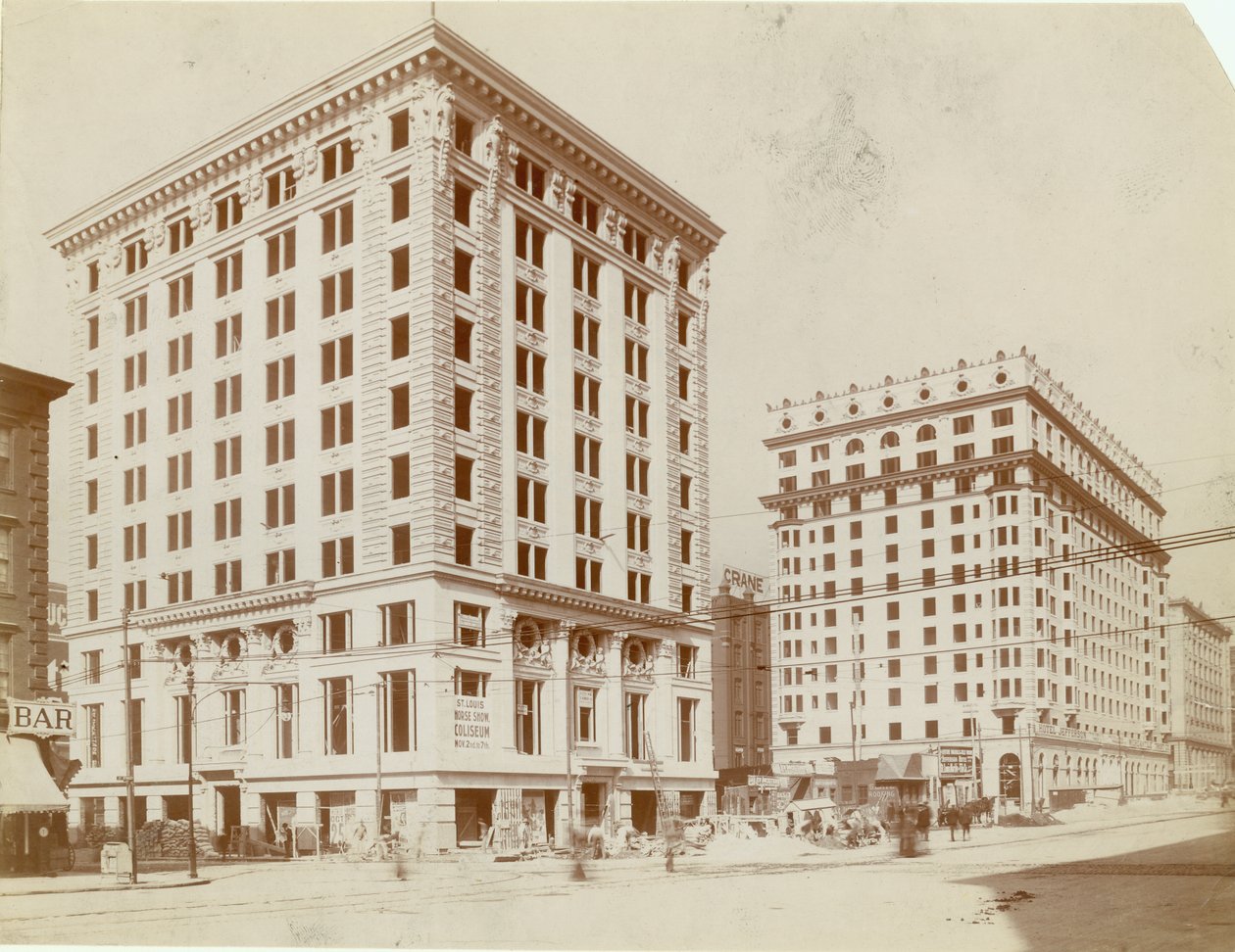 Building construction on the west side of Twelfth Street (Tucker Boulevard), north of Olive Street av Unknown