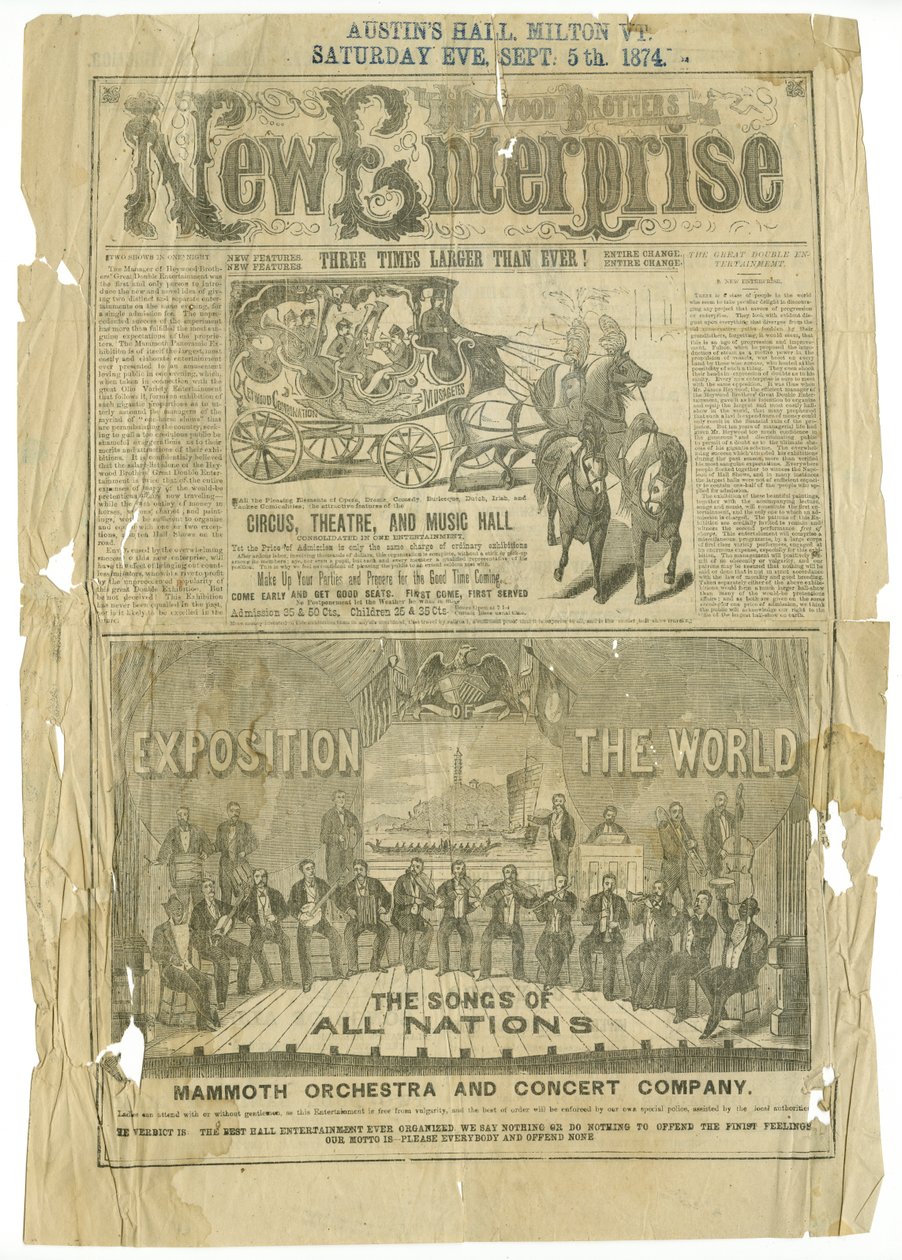 Circus, theatre, and music hall consolidated in one entertainment, with added tableaux and mammoth orchestra and concert company av Unknown