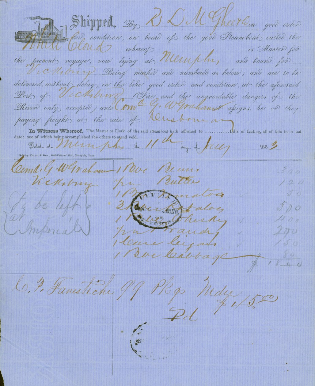 Document contains the stamp of Capt. Charles Parsons, assistant quartermaster at St. Louis av Unknown