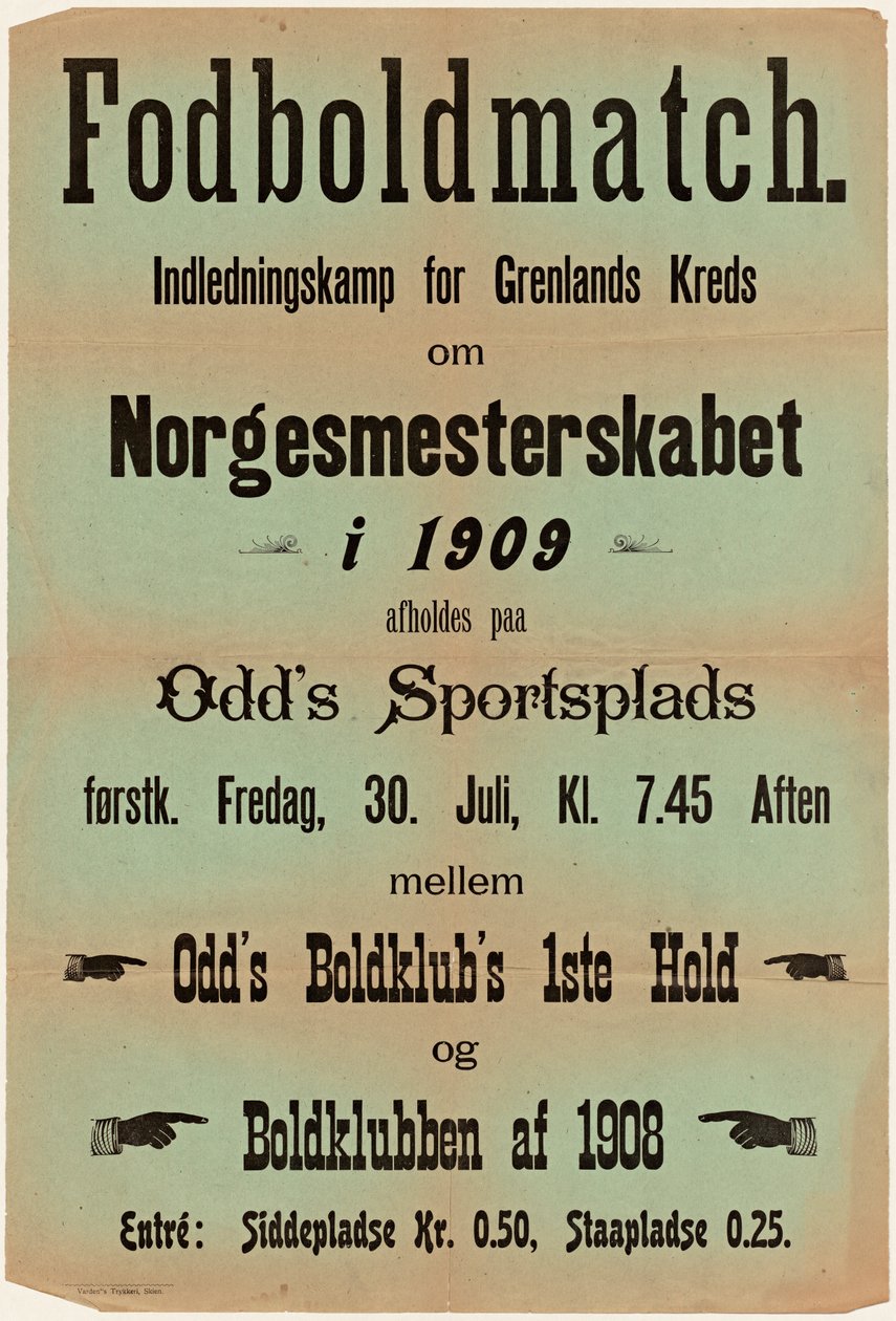 Fodboldmatch. Indledningskamp for Grenlands Kreds om Norgesmesterskabet i 1909 afholdes paa Odd’s Sportsplads førstk.  av Unknown