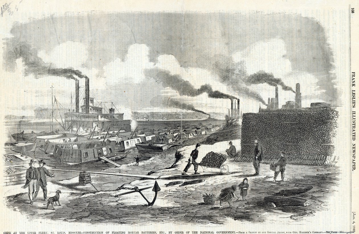 Print of the construction of mortar boats along shoreline with a riverboat in the background av Unknown
