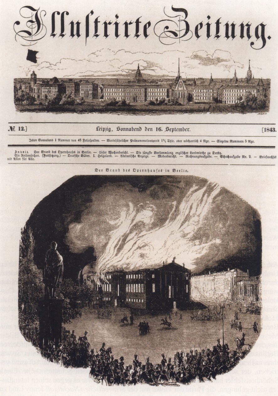 Framsida av Leizpiger Illustrirten Zeitung, 16 september 1843, med en illustration av branden i Berlins operahus den 18 augusti 1843. av Unknown
