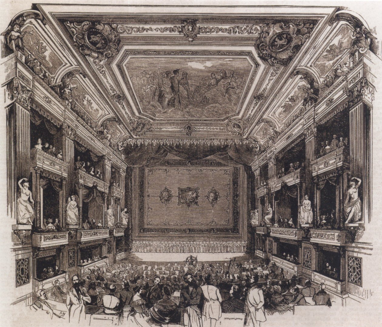 Auditorium för det ombyggda kungliga operahuset i Berlin, 1844, Illustrierte Zeitung nr 88, Berlin 1845 av Unknown