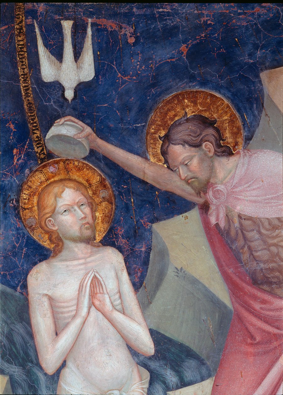 Johannes döparen döper Kristus detalj. Fresk av Lorenzo (cirka 1374-1420) och Jacopo (? -Efter 1427) Salimbeni 1416. Urbino Oratory of San Giovanni av Lorenzo da  Sanseverino