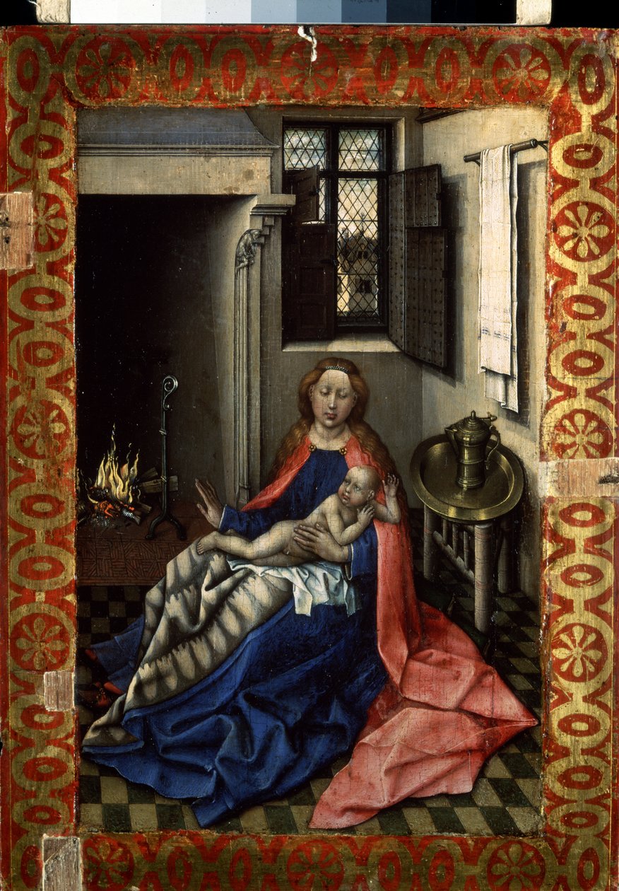 ""Madonna och barn nära en öppen spis"" (Jungfrun och barnet vid en öppen spis) Höger ruta i en diptyk. Målning på trä av Robert Campin, känd som Mästaren av Flemalle (1375-1444) omkring 1430 Mått 34,3x24,5 cm Eremitagemuseet, Sankt Petersburg av Master of Flémalle