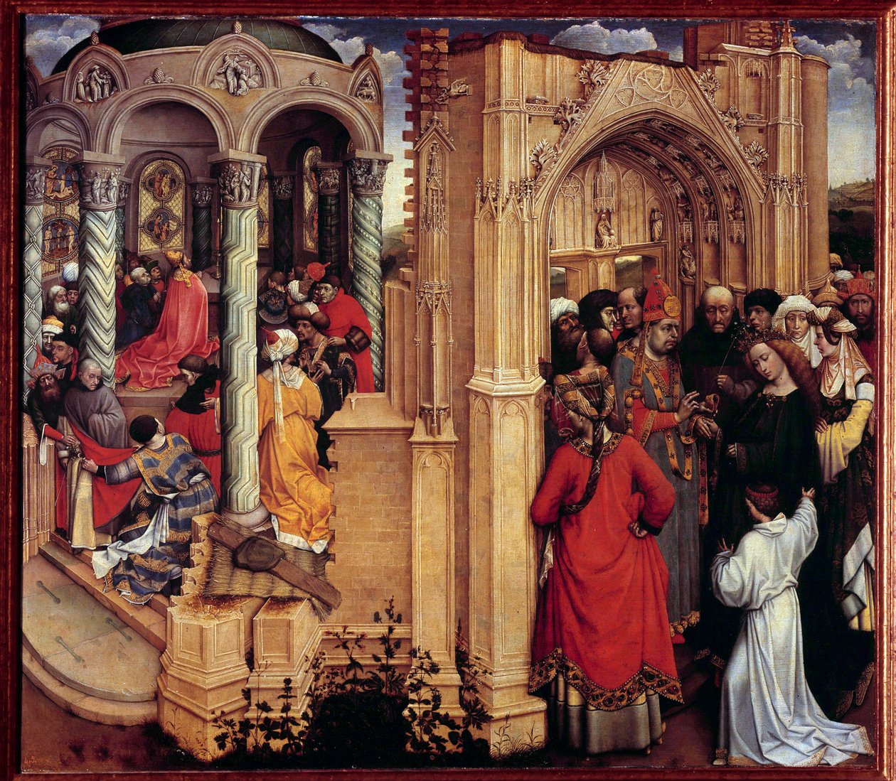 Jungfruns äktenskap Trämålning av Robert Campin kallad Mästaren i Flemalle (1375-1444) 1400-talets sol. 0,77x0,88 m Madrid, Pradomuseet - Jungfruns bröllop. Målning på trä av Robert Campin känd som Mästaren i Flemalle (1375-144 av Master of Flémalle