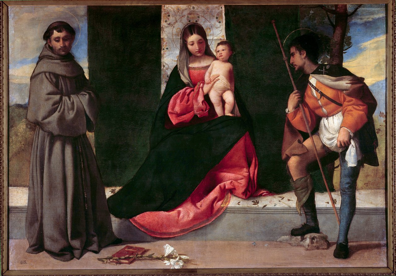Jungfrun och barnet mellan Sankt Antonius av Padua och Sankt Roch Målning av Giorgio Barbarelli da Castelfranco dit Giorgione (1477-1510). 1500-talets sön. 0,92x1,33 m Madrid, Pradomuseet av Giorgione