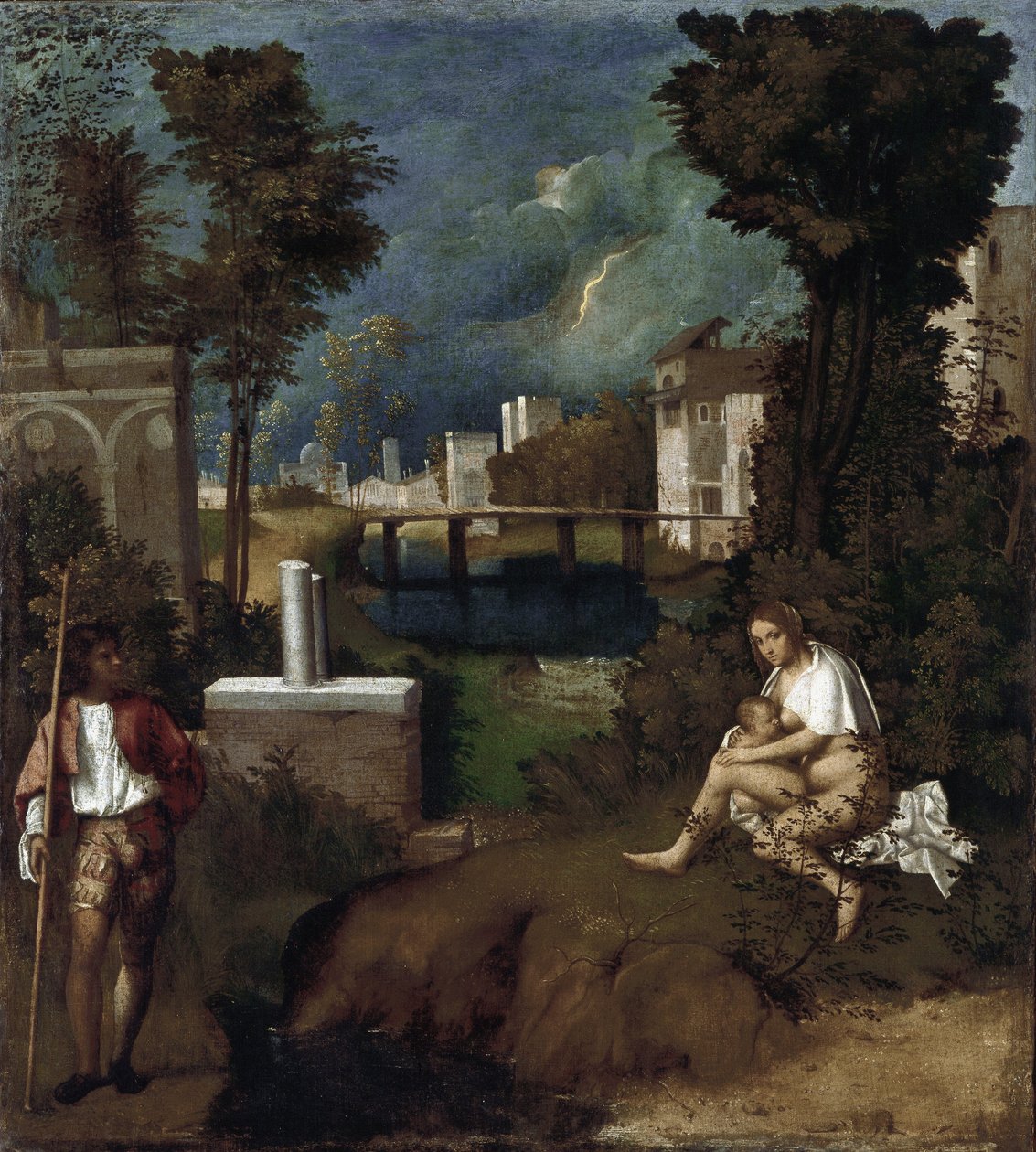 Stormen. Detalj av kvinnan som ammar sitt barn och landskap - olja på duk, cirka 1505-1506 av Giorgione