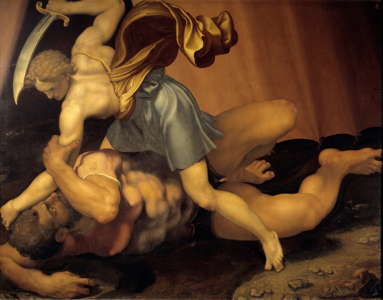 David och Goliat målning på dubbelsidig skiffer av Daniele de Volterra (1509-1566) av Daniele da  Volterra