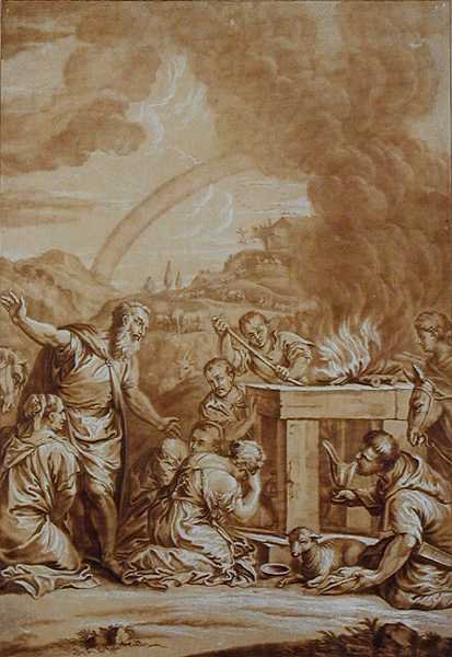 Noa efter syndafloden, graverad av Elishah Kirkhall (1682-1742) (färglitografi) av Veronese