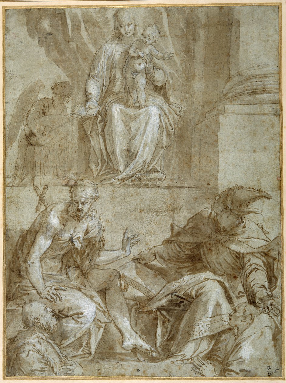 Jungfru och barn tronade med de heliga Johannes Döparen, ca 1548 (penna, svart bläck & brunt tvätt på papper) av Veronese