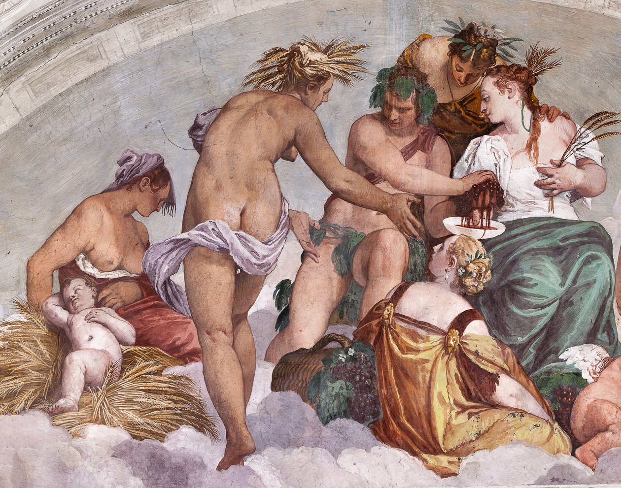 Allegorier om sommar och höst (Bacchus och Ceres), norra muren, lunett ovanför dörren till trädgården, Olympus hall av Veronese