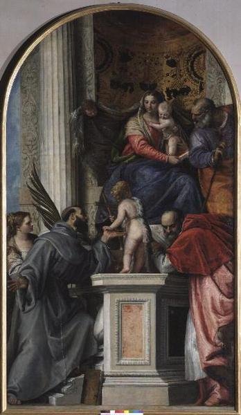 Madonna och barn på tronen, Johannes Döparen som pojke, St. Josef, St. Hieronymus, St. Justinia och St. Franciskus av Veronese