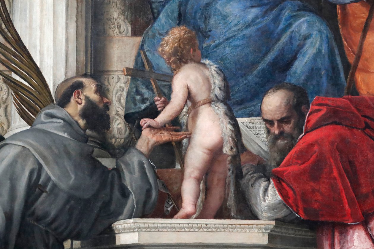 Madonna och barn med de heliga Joseph, Justina, Francis, spädbarnet Johannes Döparen och Hieronymus av Veronese