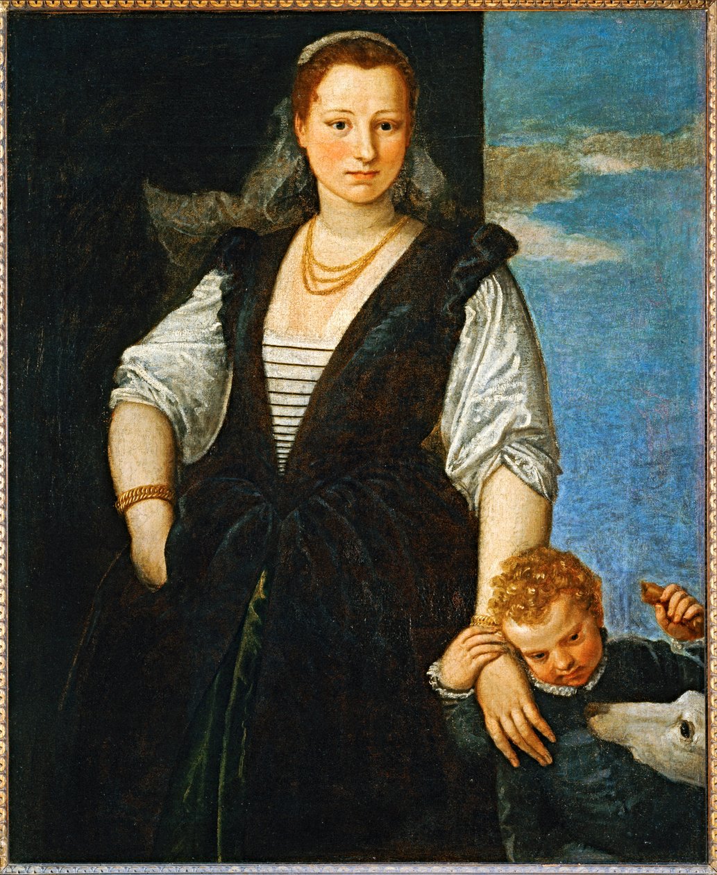 Porträtt av en kvinna med ett barn och en hund - Portrait de femme avec un enfant et un chien ... av (1528 88) Veronese