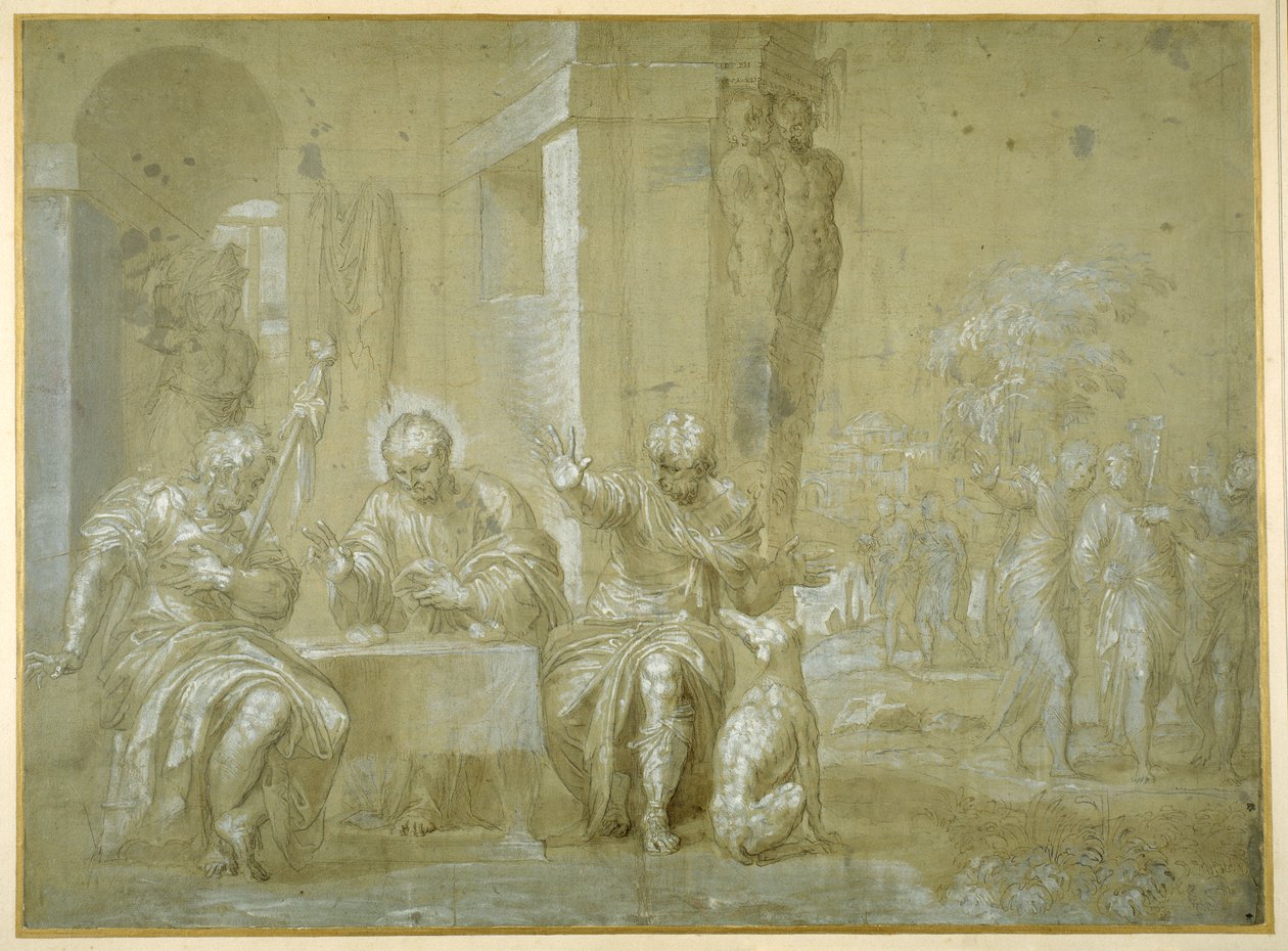 Nattvarden i Emmaus, ca 1550 (penna, svart bläck & brunt tvätt på papper) av Veronese