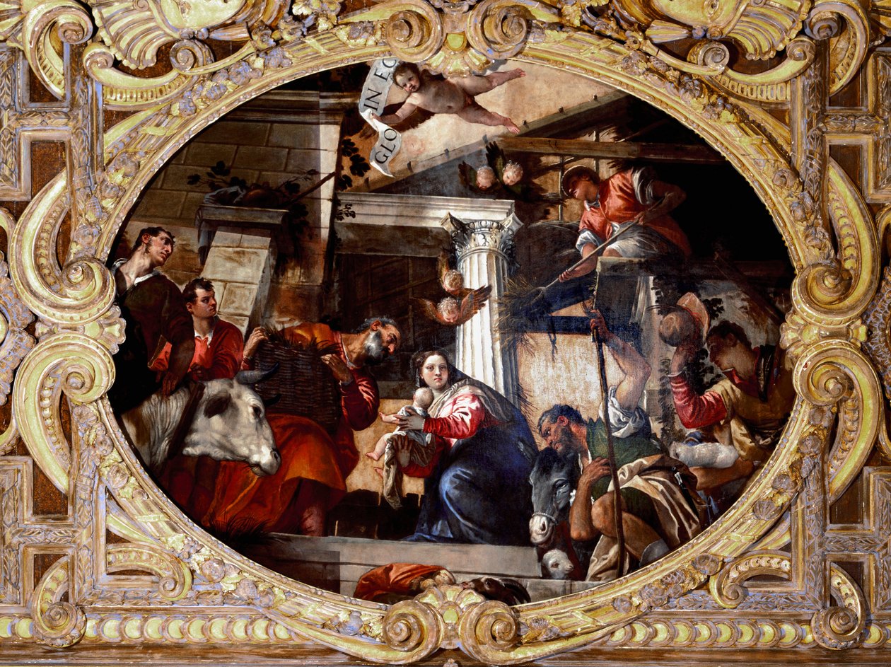 Tillbedjan av herdar. Målning av Paolo Caliari kallad Paolo Veronese (1528-1588), efter 1568. Olja på duk. Mått: 910x455 cm. Venedig, SS-basilikan. Giovanni e Paolo (San Zanipolo), rosenkransens kapell. Venedig (Basilica of Saints Giovanni and Paolo av Veronese