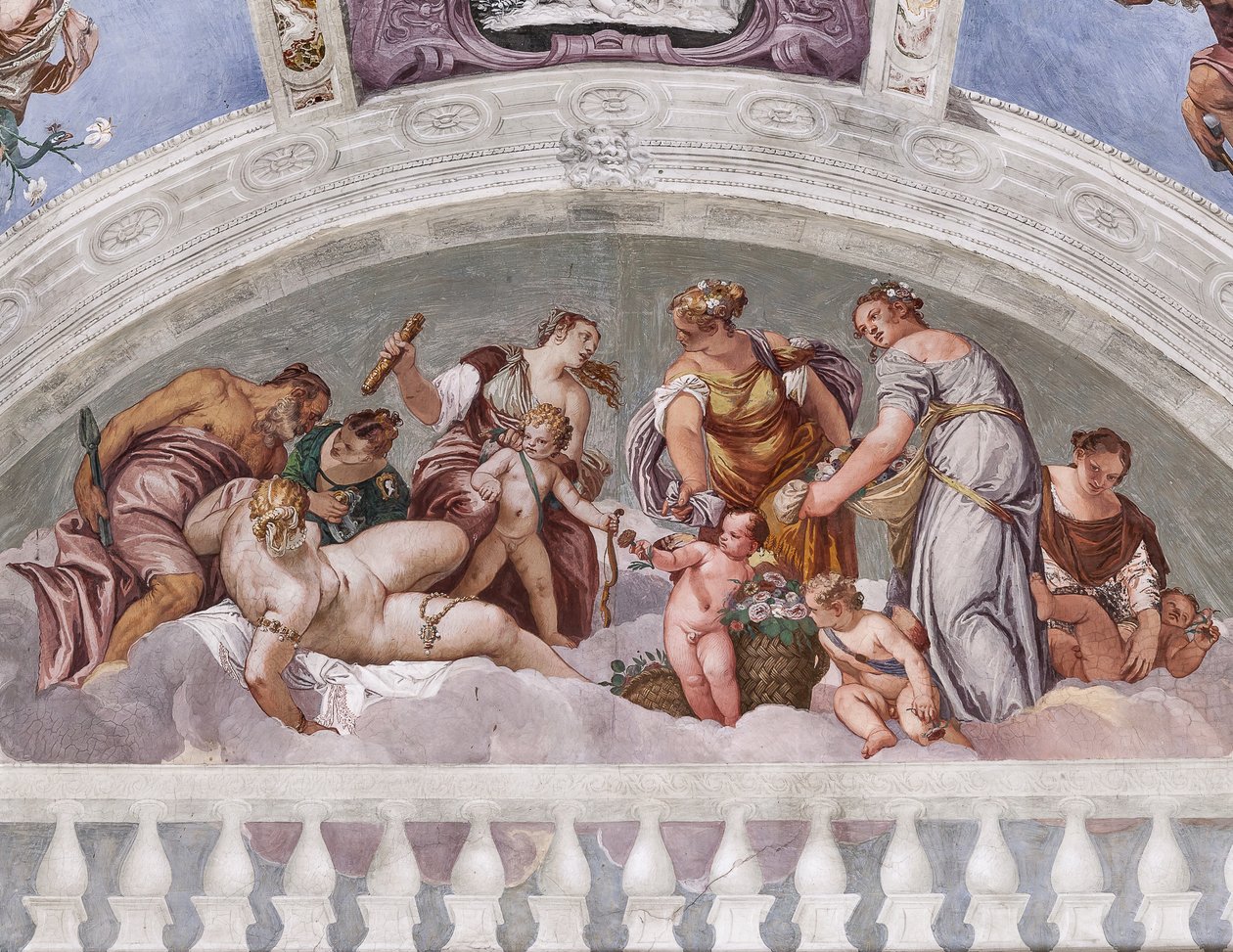 Allegorier om vintern och våren (Vulcan och Venus), södra muren, lunett ovanför dörren till Crociera-rummet, Hall of Olympus av Veronese