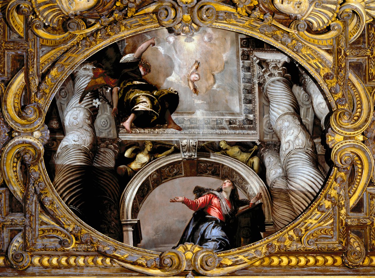 Tillkännagivande. Målning av Paolo Caliari kallad Paolo Veronese (1528-1588), efter 1568. Olja på duk. Mått: 340x455 cm. Venedig, SS-basilikan. Giovanni e Paolo (San Zanipolo), rosenkransens kapell. Venedig (Basilica of Saints Giovanni and Paolo (San Zanip av Veronese
