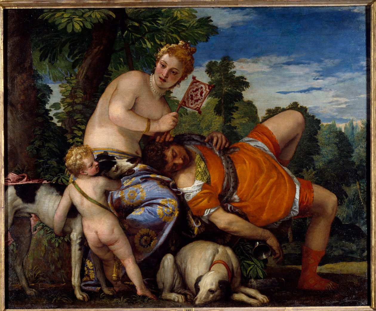 Afrodite och Adonis. Adonis, figur av grekisk mytologi, älskar Afrodite. Målning av Paolo Veronese (1528-1588) av Veronese