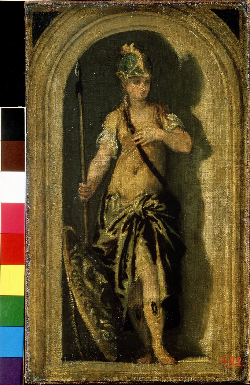 Minerva (Minerca). Bredvid henne, hennes sköld med huvudet av Gorgon Medusa. Målning av Paolo Veronese (1528-1588). Olja på duk, 28 x 16 cm, ca 1560. Venetiansk konst, italiensk renässans. Pushkin Museum of Fine Arts, Moskva. av Veronese